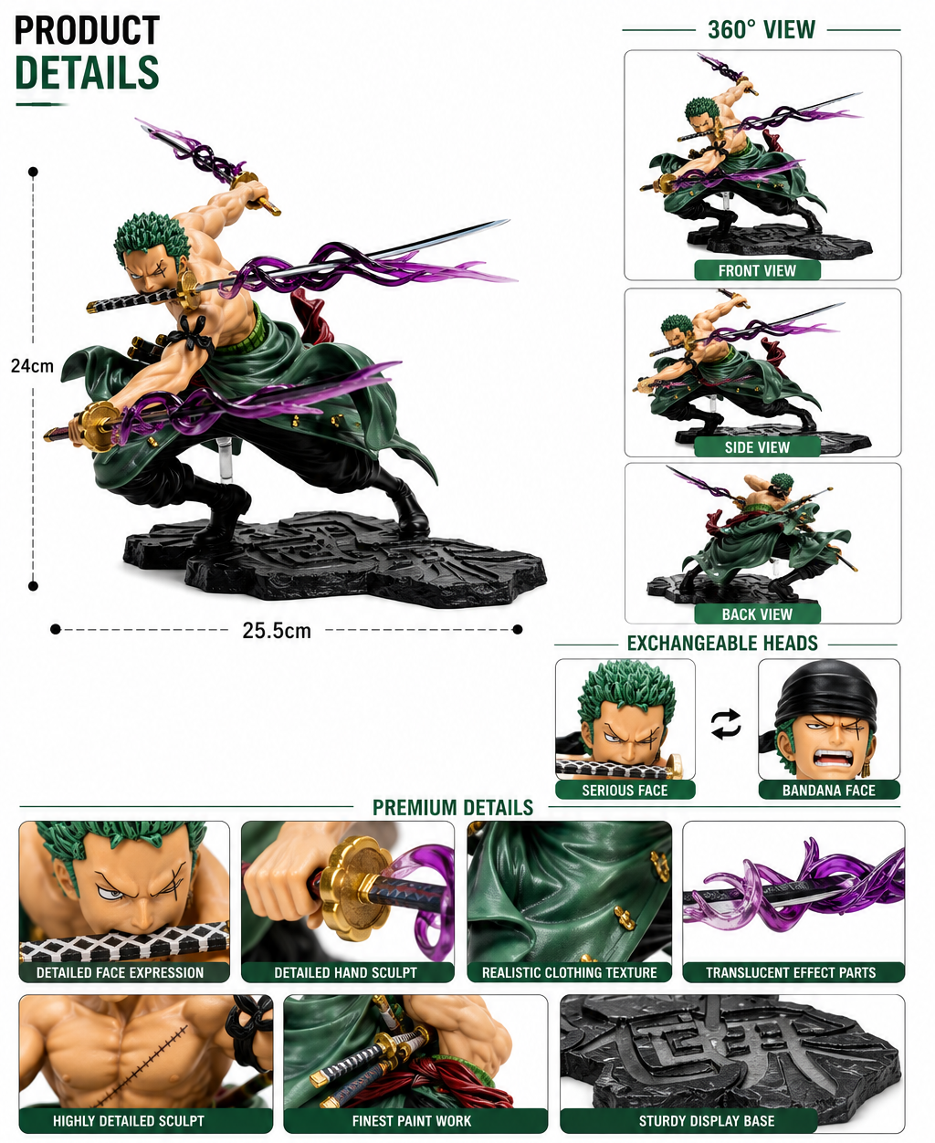 Roronoa Zoro Three Sword Style Figure | 24cm Anime Action Statue