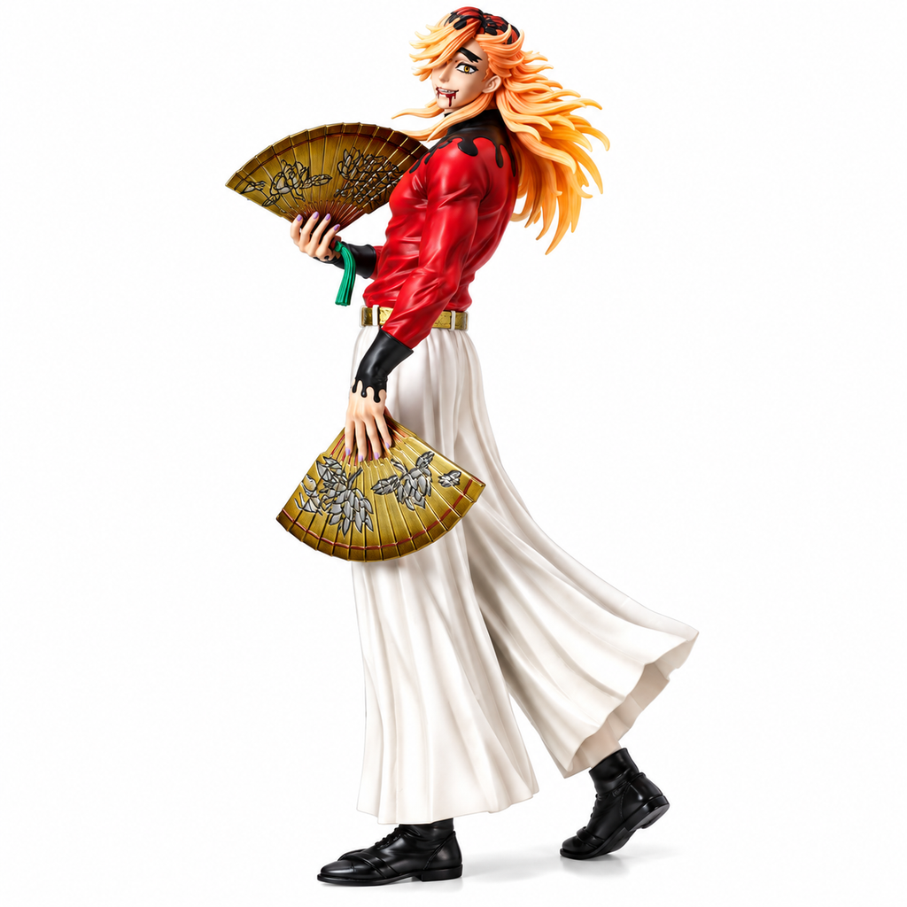 Demon Lord Fan Warrior Anime Figure – Orange Hair Collectible Statue with Dual Fans